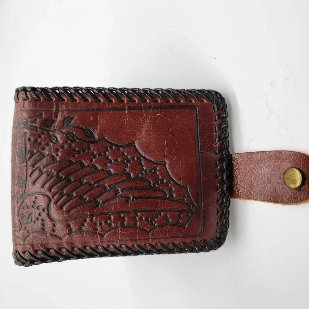 Tooled Leather Wallet Eagle Wings Mexico Vintage Black Leather Whip Stitching